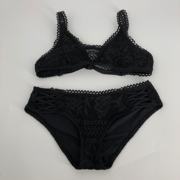 Becca by Rebecca Virtue Swim Two Piece Bikini Set Medium Black Crochet Strappy - Picture 6 of 13